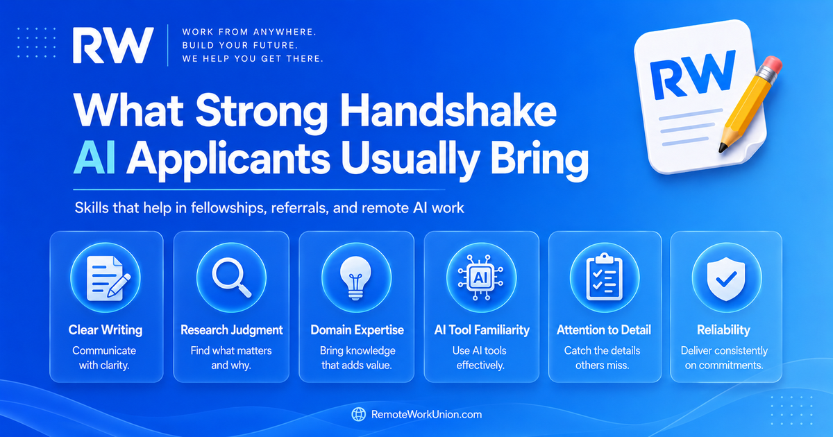 Who makes a strong Handshake AI applicant: domain expertise, clear writing, professional proof, and reliable availability for AI fellowship and remote project work.