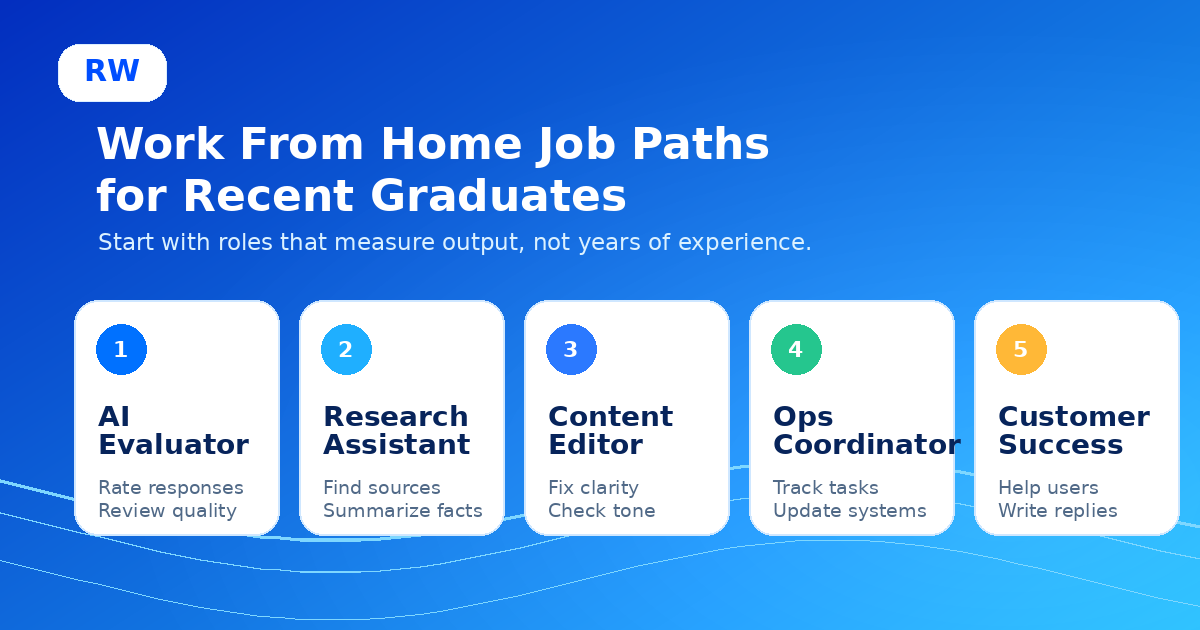 Entry-level remote job paths for recent graduates including AI training, research, writing, and support roles