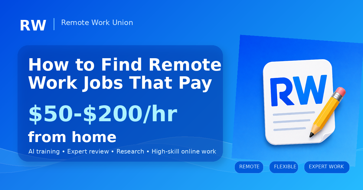 How to find remote work jobs paying $50-$200/hr from home with Remote Work Union branding.