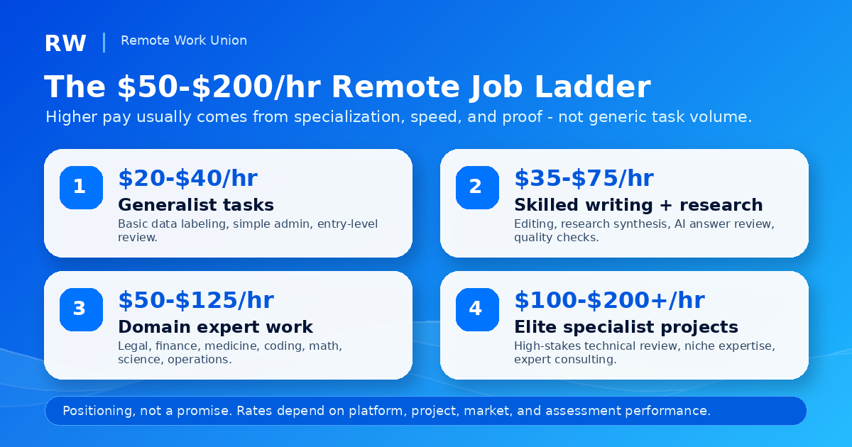 A branded ladder explaining how remote job rates rise from generalist tasks to expert projects.
