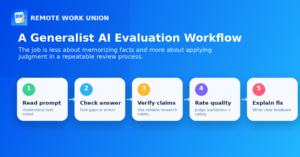Five-step AI evaluation workflow from reading the prompt to explaining the fix — designed for generalist remote workers