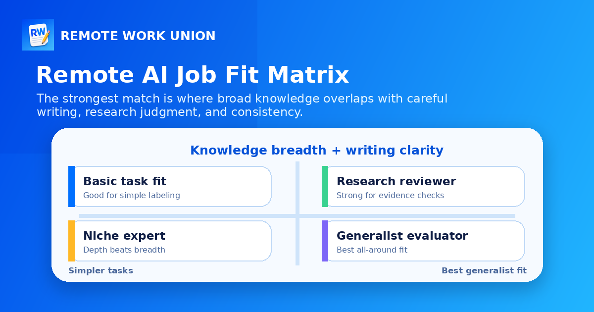 Remote AI job fit matrix showing how knowledge breadth and writing clarity create generalist evaluator fit