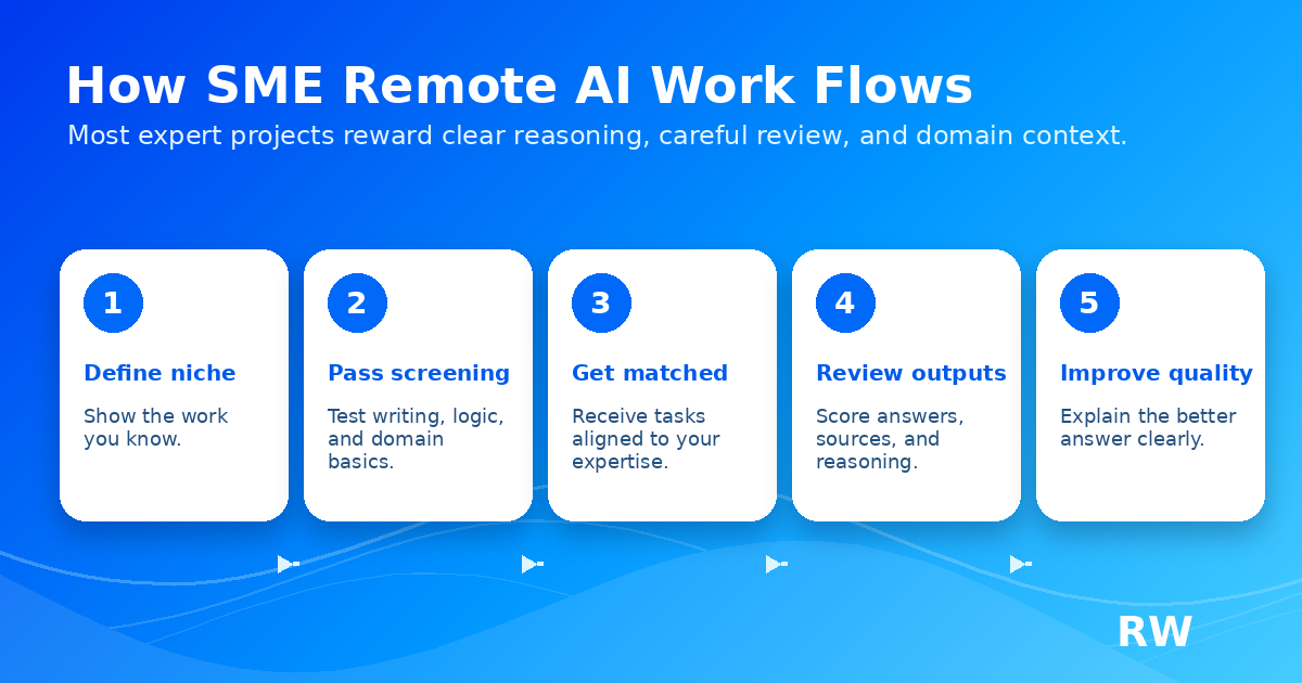 A five-step workflow showing how subject matter experts do remote AI review work