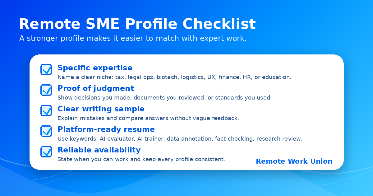 Profile checklist for subject matter experts applying to remote AI training and evaluation jobs