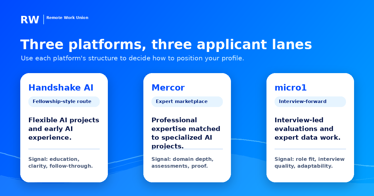 Platform map comparing Handshake AI, Mercor, and micro1 for new remote AI applicants