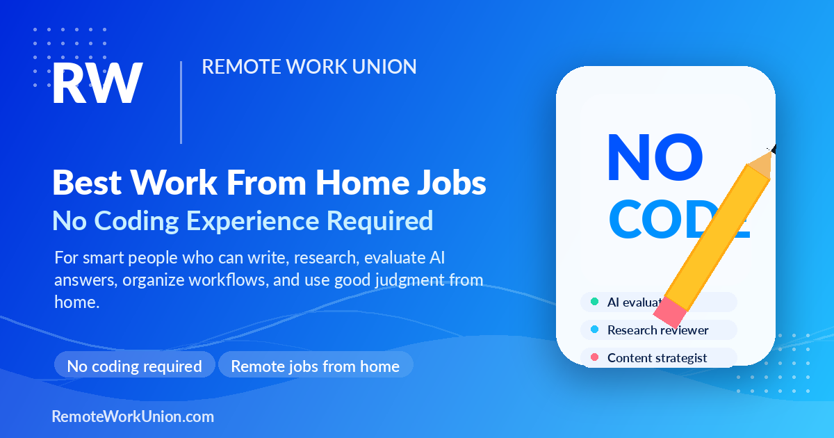 Remote Work Union branded image for the best work from home jobs for smart people with no coding experience.