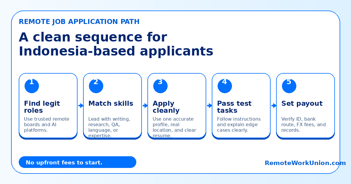 Remote work application path for Indonesia-based applicants showing profile, apply, test, verify, work, and track steps — Remote Work Union