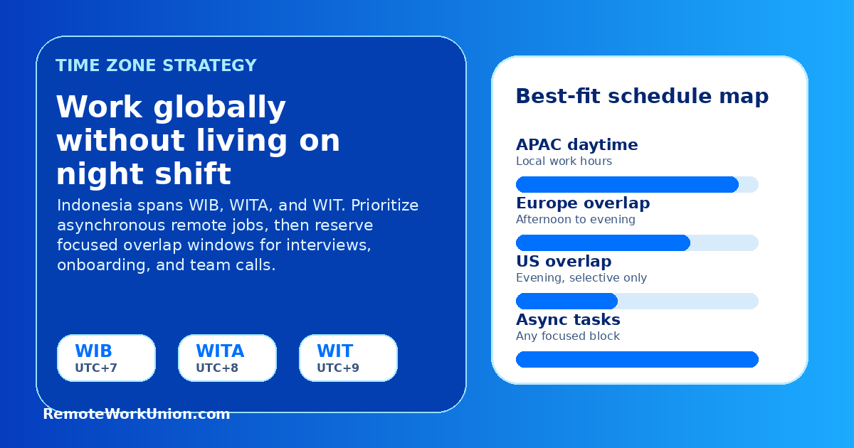 Time-zone strategy graphic for Indonesia remote workers showing asynchronous work advantages across WIB, WITA, and WIT — Remote Work Union