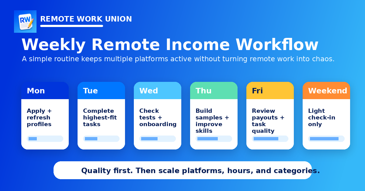 Weekly remote work pipeline routine showing application and task management schedule