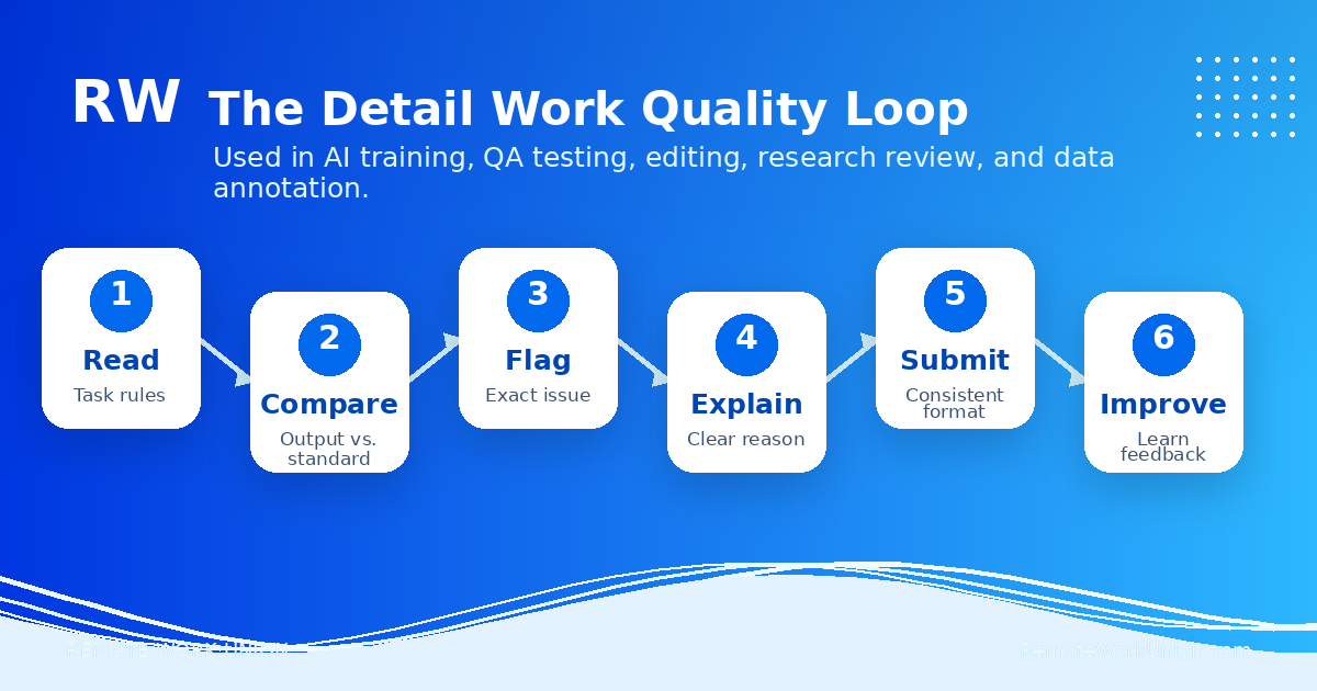Six-step detail work quality loop showing read, compare, flag, explain, submit, and improve