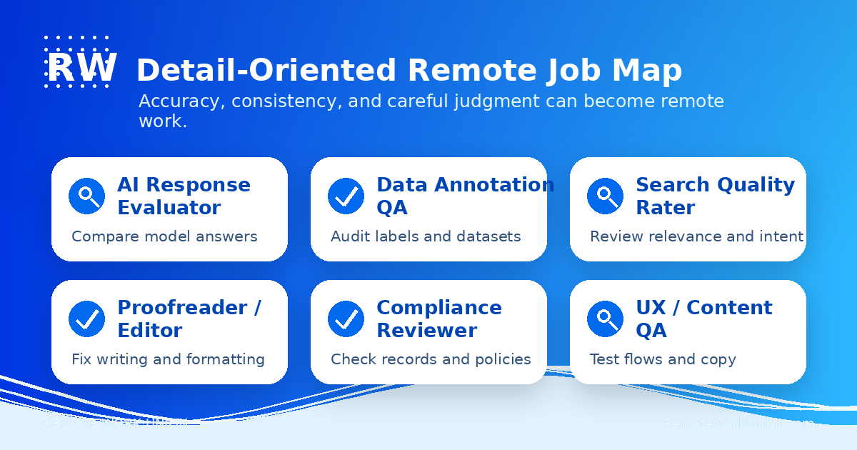 Six-card map of remote jobs for detail-oriented people including AI evaluation, data annotation QA, search quality, proofreading, compliance, and content QA