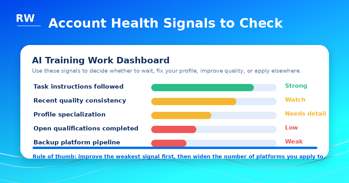 Account health dashboard checklist for remote AI workers checking their profile, quality signals, and verification status
