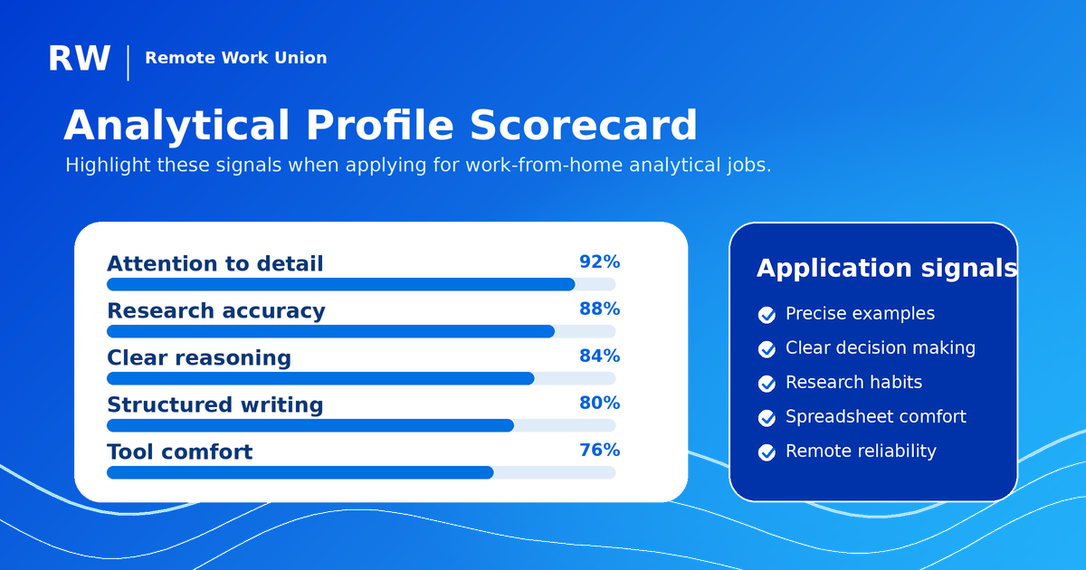 Analytical profile scorecard showing application signals for remote analytical jobs including attention to detail, research accuracy, and clear reasoning