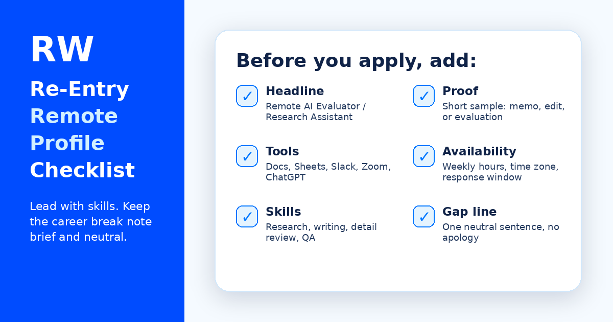 Profile and resume checklist for people re-entering the workforce for remote work