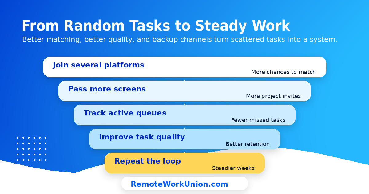 Funnel showing how remote AI workers progress from random tasks to repeat steady work
