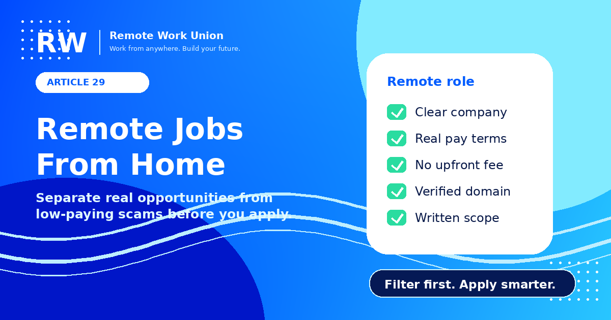 Remote Work Union branded image for filtering real remote jobs from low-paying scams.