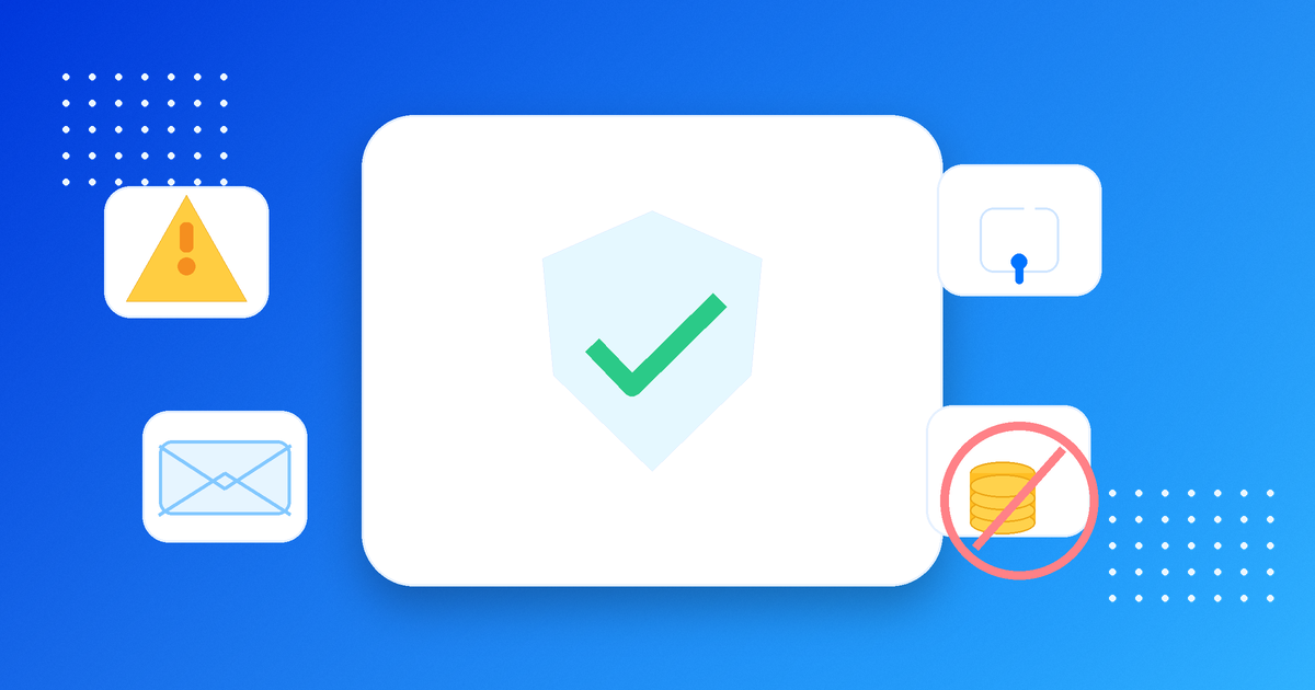 Shield, checkmark, and crossed-out coins representing safe free remote job applications