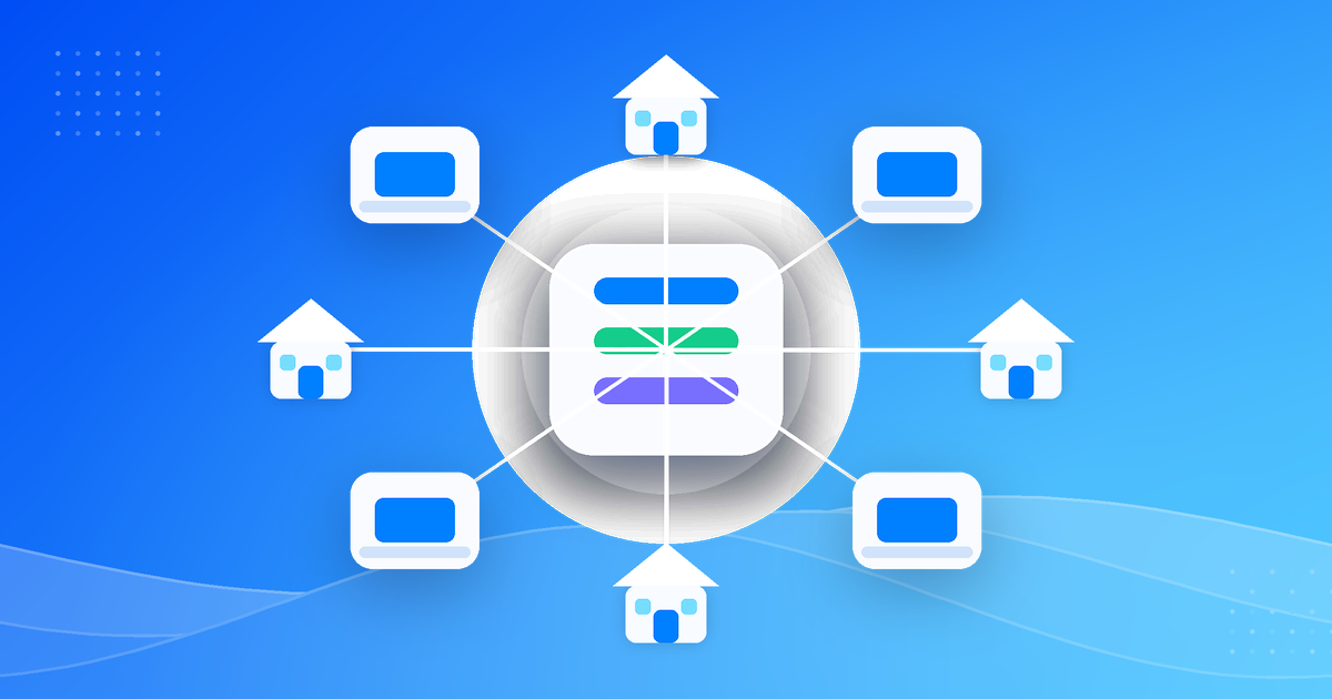 Remote home workstations connected to a central resource hub symbolizing a free remote worker community