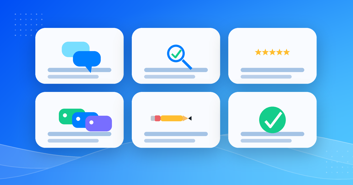 Dashboard grid of abstract AI work task icons including chat review, fact-checking, rating, and editing