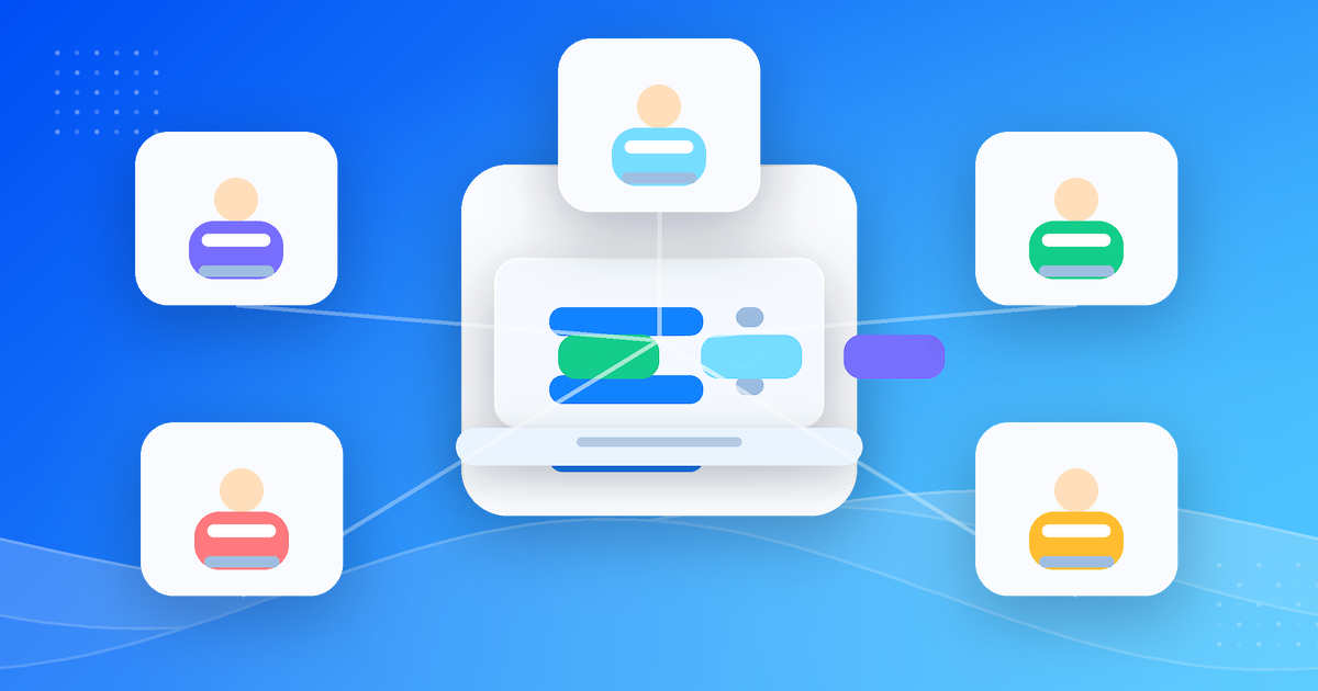 Anonymous professional avatars connected to a shared laptop workspace representing remote workers from different backgrounds