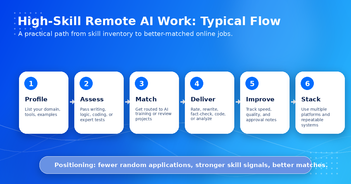 Remote AI work process from profile creation to assessment, matching, delivery, improvement, and stacking platforms.