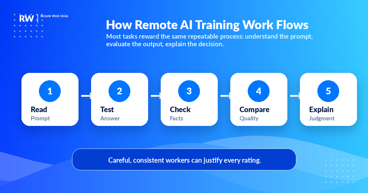 Workflow diagram showing how remote AI training tasks move from prompt reading to judgment explanation — Remote Work Union
