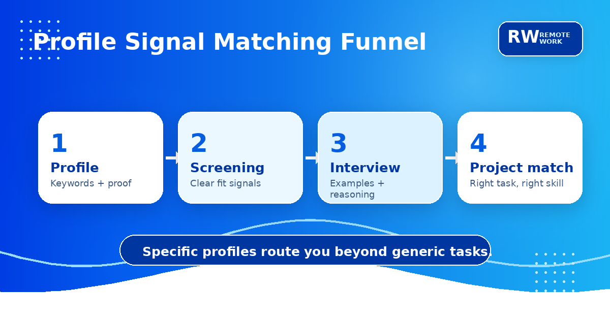 AI job matching funnel showing how profile strength, domain expertise, and proof of skill combine to unlock better remote AI training opportunities