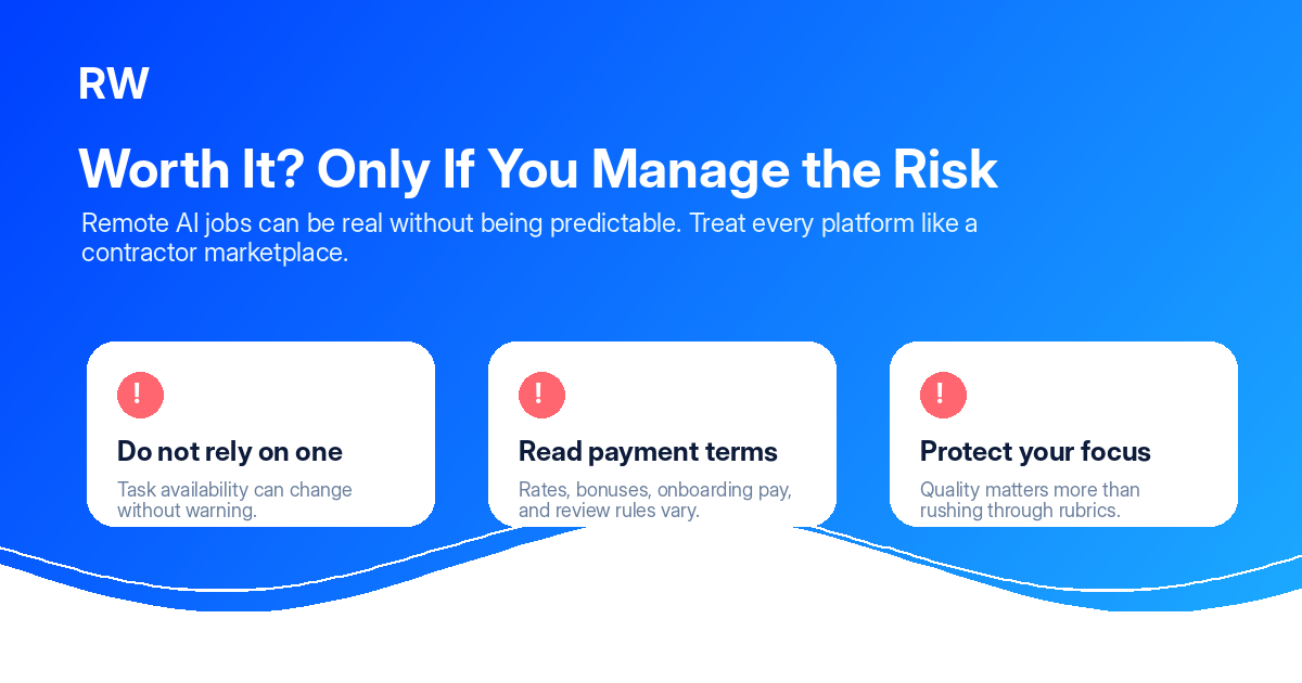 Remote AI work risk card: task availability, payment terms, quality standards, and contractor status — Remote Work Union Article 48