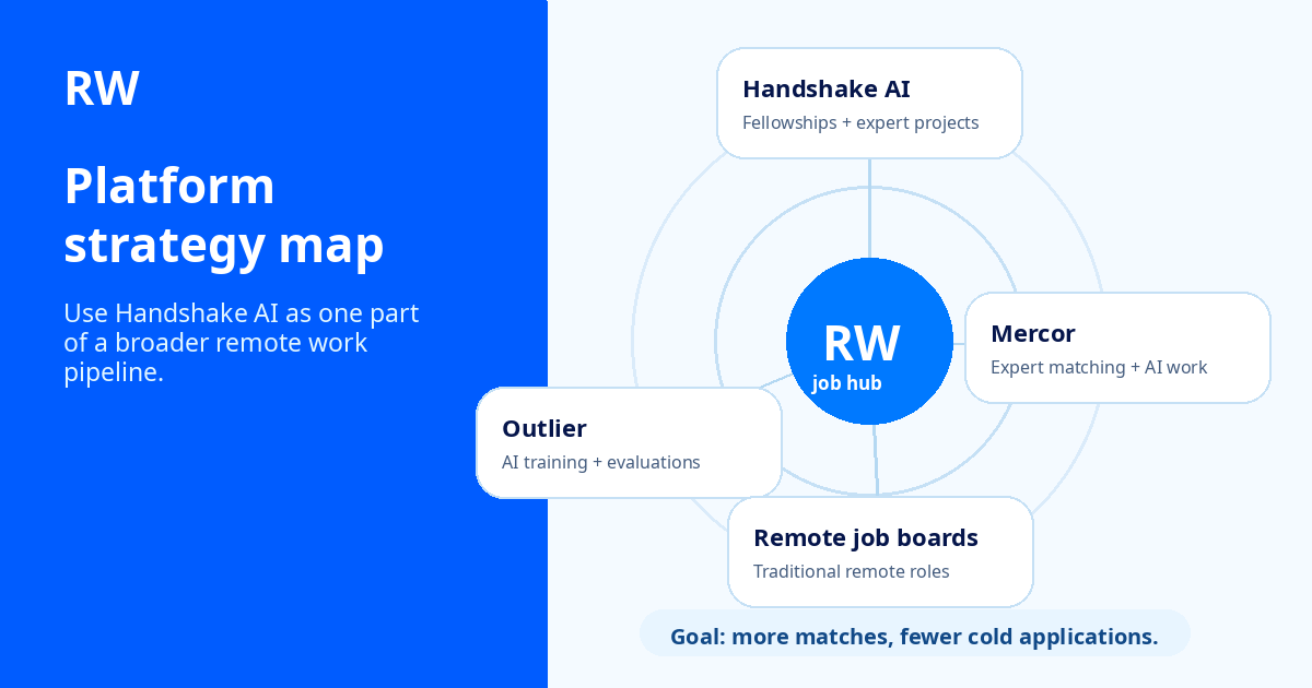 Platform strategy map showing how Handshake AI, Outlier AI, and Mercor serve different remote AI work niches — Remote Work Union Article 49