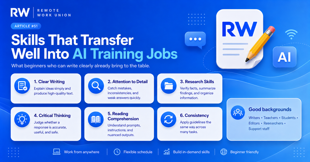 Skills that transfer into remote AI training jobs: writing, editing, research, tutoring, annotation — Remote Work Union Article 51