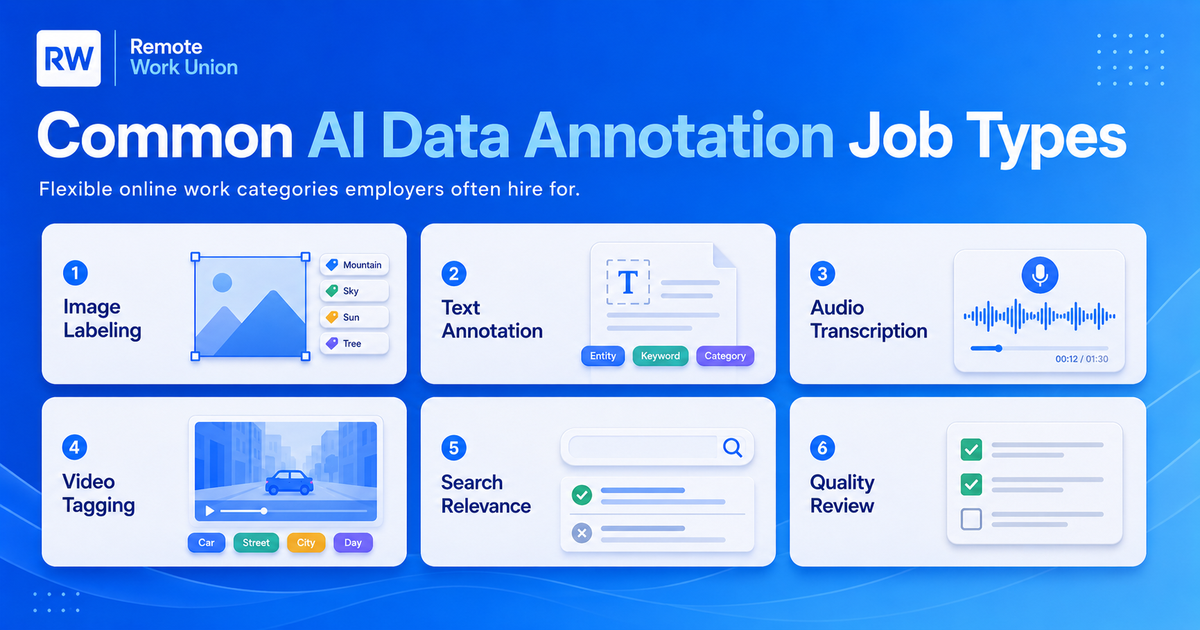 Common AI data annotation job types: text labeling, image annotation, audio transcription, response ranking — Remote Work Union Article 53