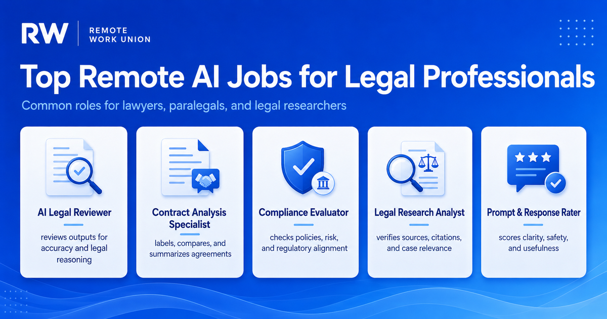 Top remote AI jobs for legal professionals: AI legal reviewer, contract analysis specialist, compliance evaluator, legal research analyst, prompt and response rater — Remote Work Union Article 59