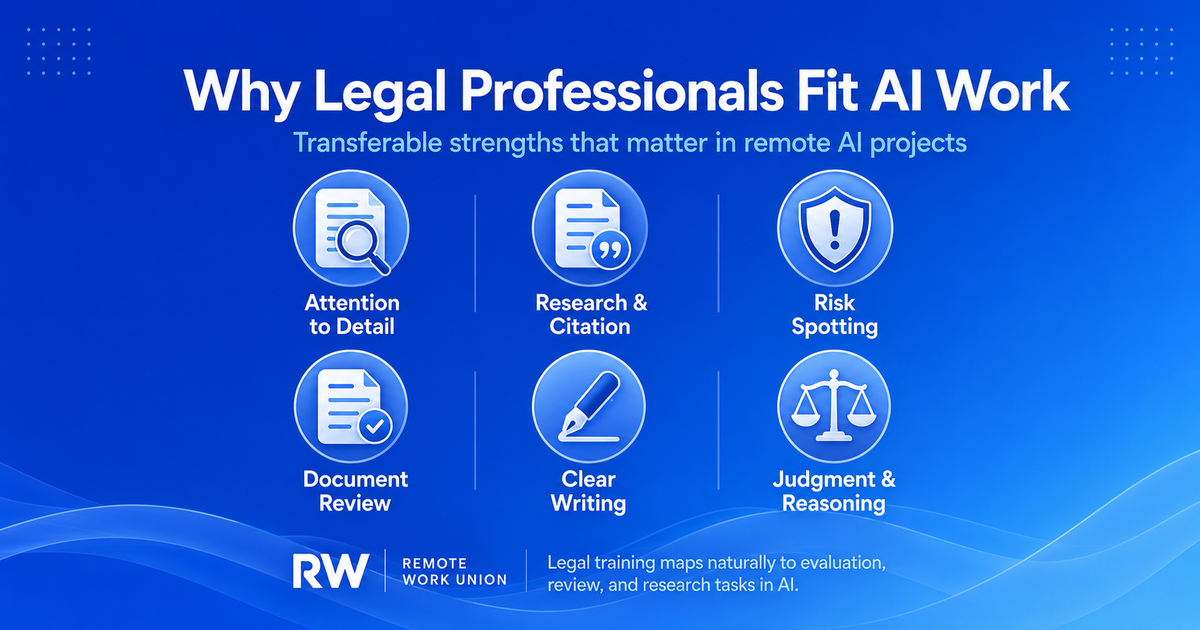 Why legal professionals fit AI work: attention to detail, research and citation, risk spotting, document review, clear writing, and judgment — Remote Work Union Article 59