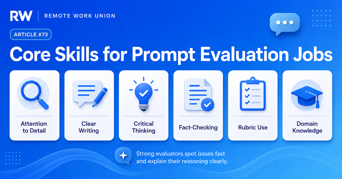Core skills for prompt evaluation jobs: attention to detail, clear writing, critical thinking, fact-checking, rubric use, and domain knowledge — Remote Work Union Article 73