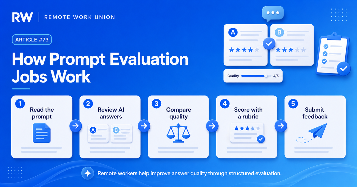 Five-step workflow for prompt evaluation jobs: read the prompt, review AI answers, compare quality, score with a rubric, and submit feedback — Remote Work Union Article 73