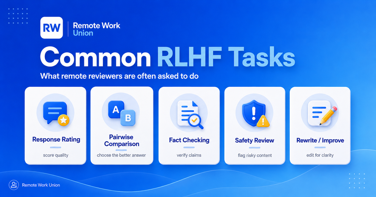 Common RLHF task types: response rating, pairwise comparison, fact-checking, safety review, rewriting, and prompt writing — Remote Work Union Article 77