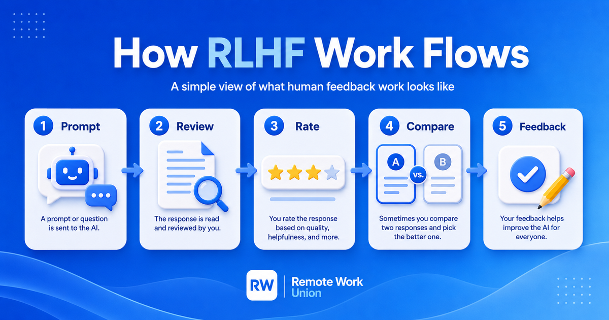 Diagram showing how RLHF work flows: prompts go to the model, humans review outputs, feedback improves the model — Remote Work Union Article 77