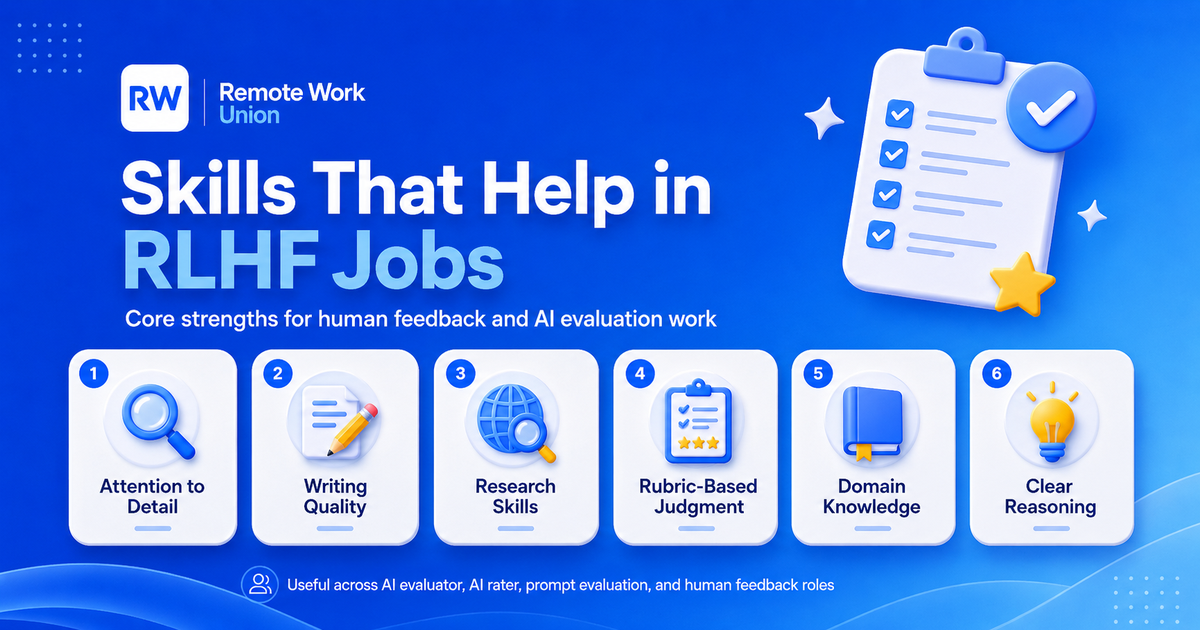 Skills that help in RLHF jobs: attention to detail, clear writing, research, rubric judgment, domain knowledge, and clear reasoning — Remote Work Union Article 77