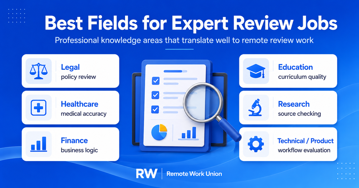 Best fields for expert review jobs including legal, healthcare, finance, education, research, and technical product work — Remote Work Union Article 80