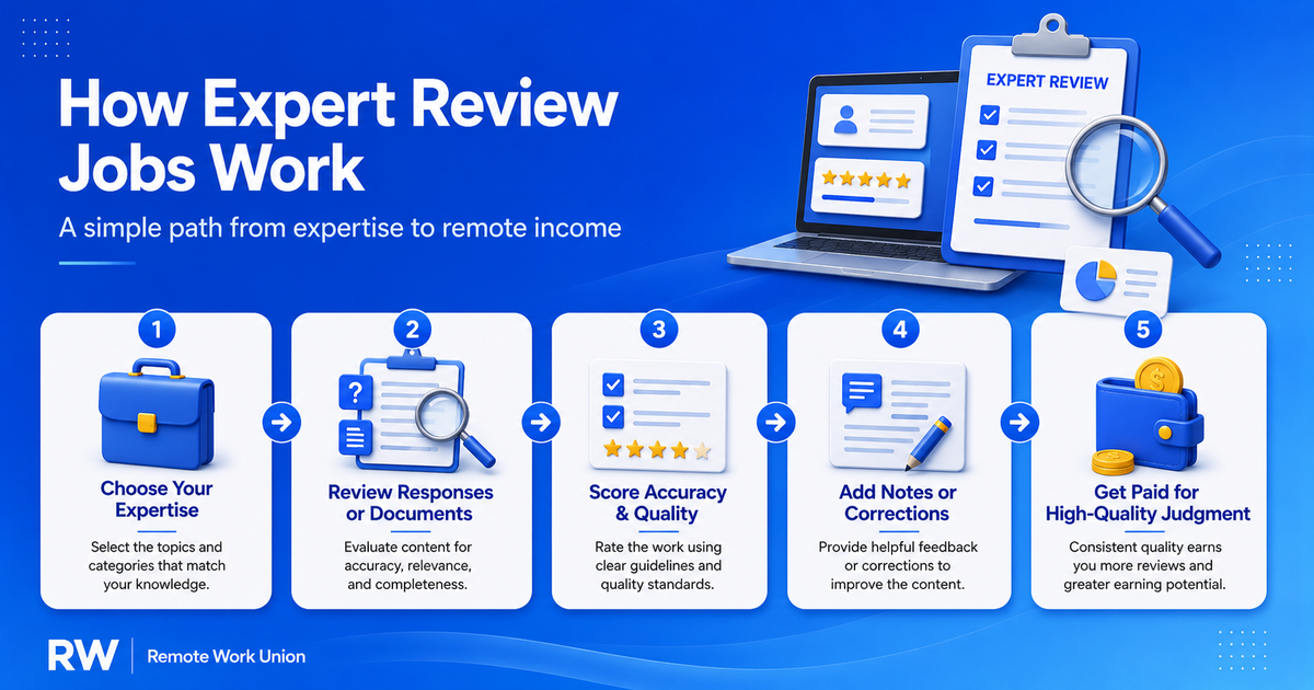 Five-step process showing how expert review jobs work from expertise selection to paid review work — Remote Work Union Article 80