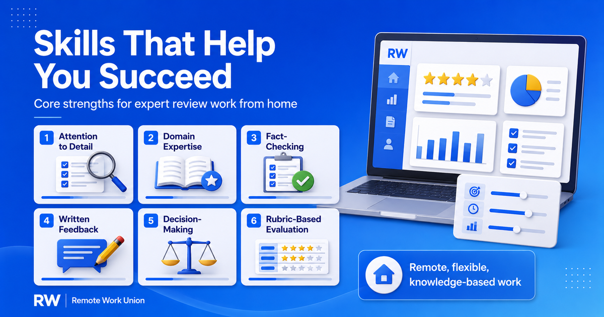 Skills for remote expert review work including attention to detail, domain expertise, fact-checking, feedback, decision-making, and rubric-based evaluation — Remote Work Union Article 80