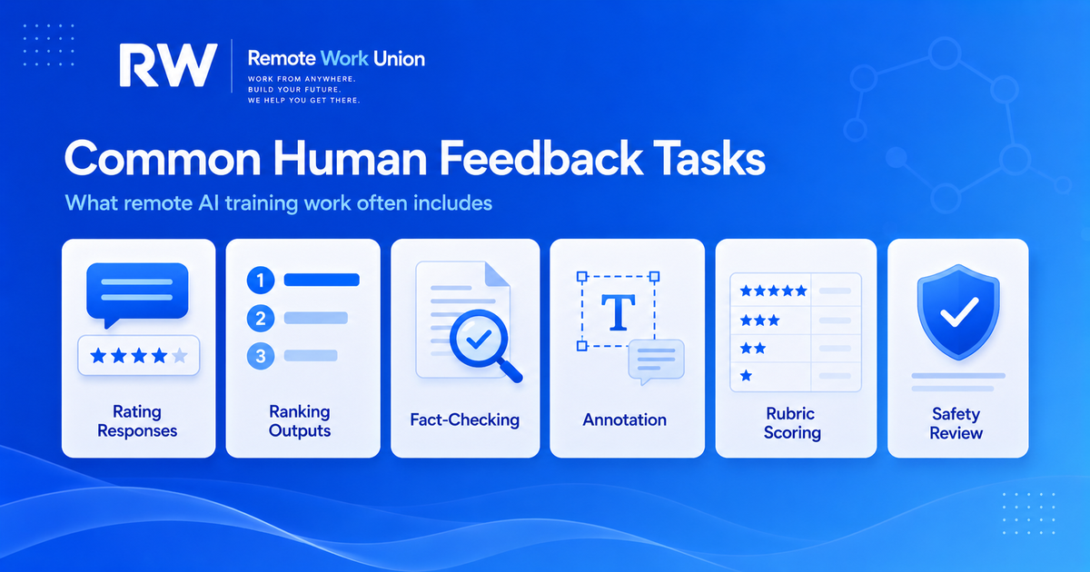 Overview of common human feedback tasks including rating responses, ranking outputs, fact-checking, annotation, rubric scoring, and safety review — Remote Work Union Article 82