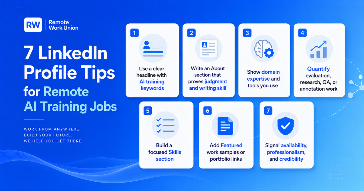 Seven LinkedIn profile tips for remote AI training jobs infographic.