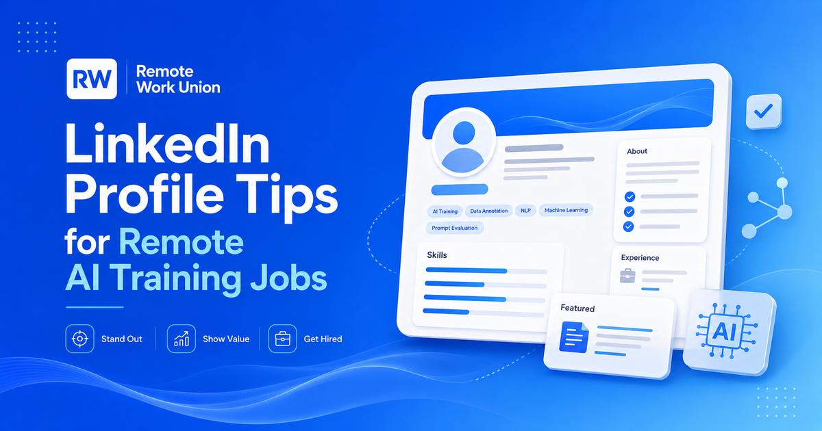 Remote Work Union: LinkedIn Profile Tips for Remote AI Training Jobs hero graphic.