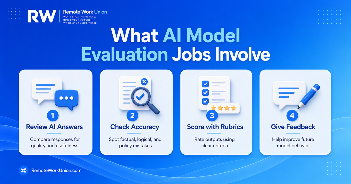 AI model evaluation process: task receipt, guidelines, comparison, judgment, explanation, submission — Remote Work Union Article 54