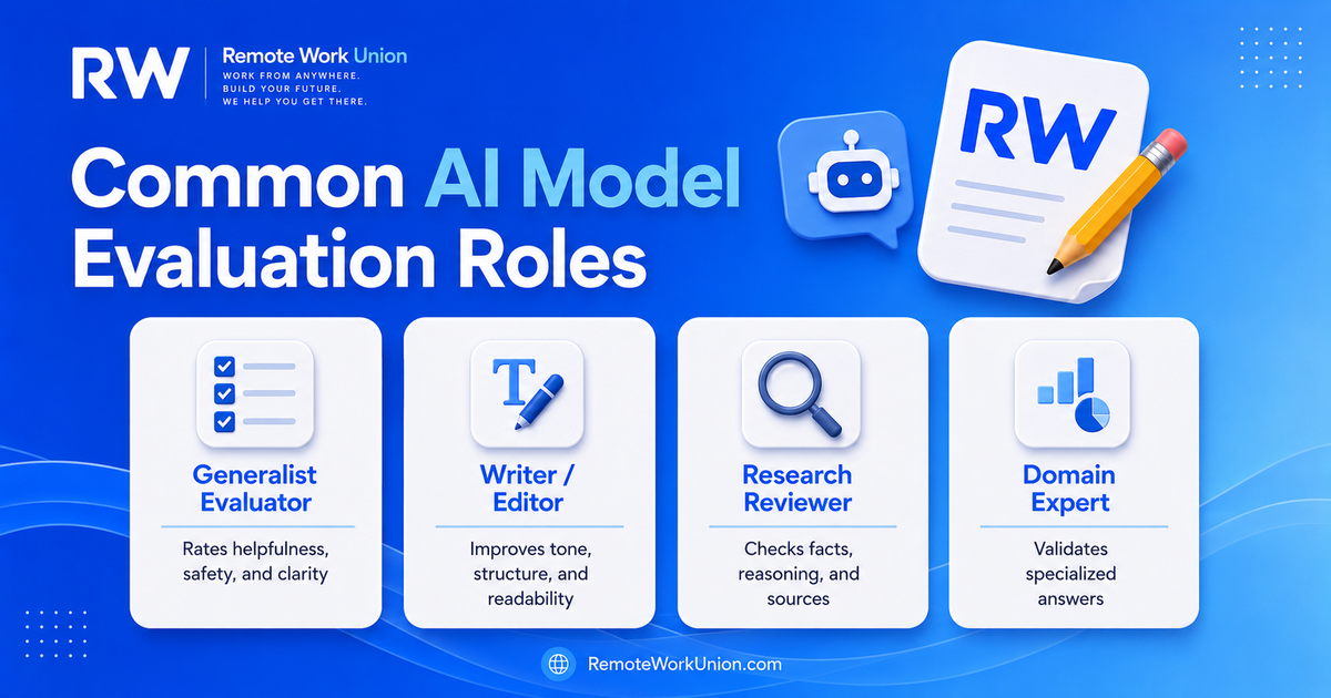 Common AI model evaluation roles: response ranker, prompt writer, domain expert reviewer, safety evaluator — Remote Work Union Article 54