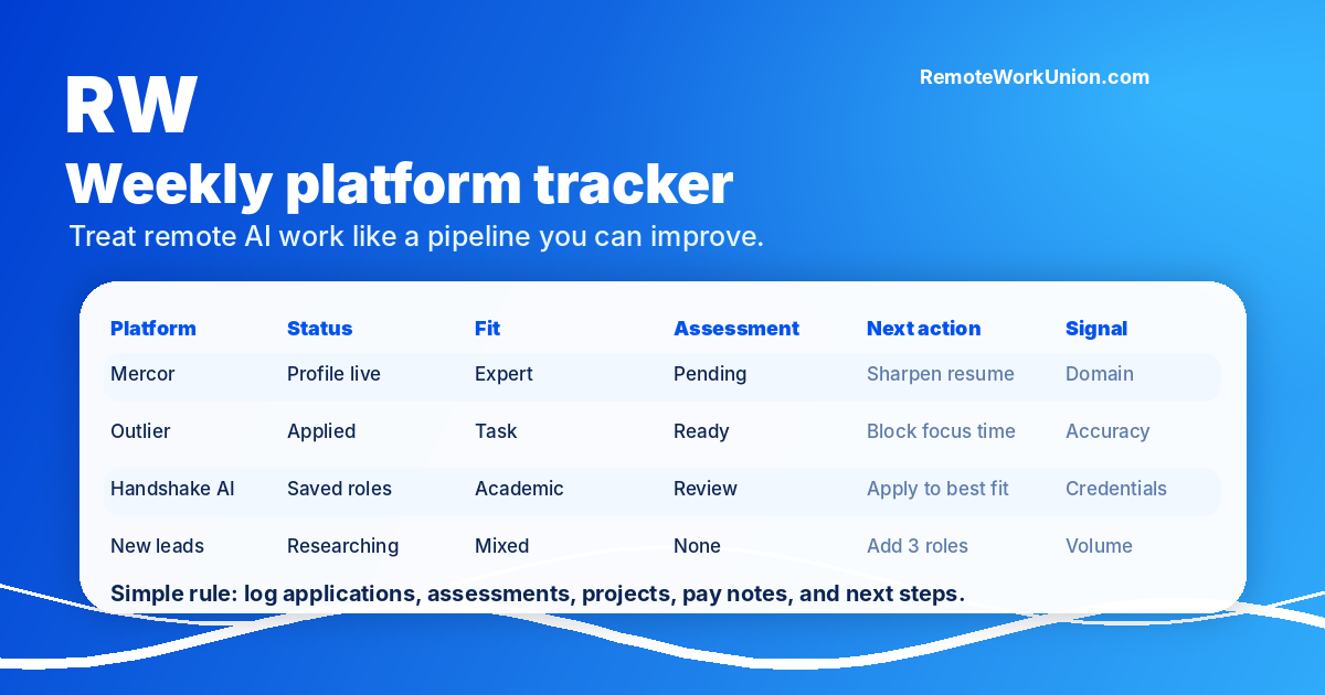 Weekly remote AI jobs tracker showing platform status, assessments, project fit, and next action — Remote Work Union Article 50
